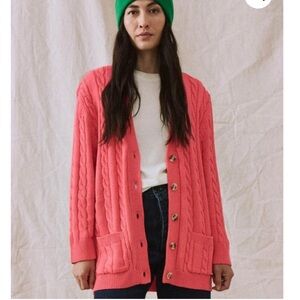 The Great. The Cable Grandpa Cardigan in Pink/Bright Strawberry, Size 2/Medium